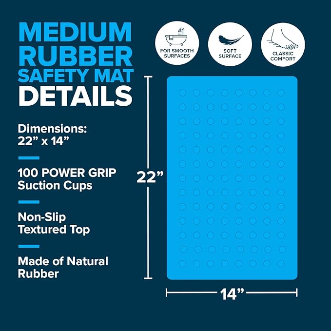 SlipX Solutions Durable Rubber Safety Mat 22 x 14, Feel Safe and Surefooted in Your Bath or Shower, Extra Grippy Surface Texture and Over 100 Power Grip Suction Cups, Machine Washable, White