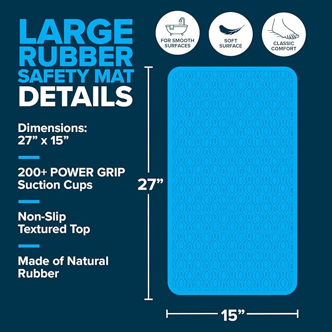 SlipX Solutions Durable Large Rubber Safety Mat 27 x 15, Feel Safe and Surefooted in Your Bath or Shower, Extra Grippy Surface Texture and Over 200 Power Grip Suction Cups, Machine Washable, White