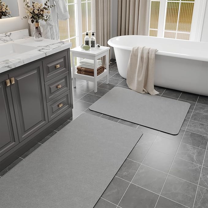 Bathroom Mat Rugs Sets 2 Piece - Quick Dry Super Absorbent Bath Mat for Bathroom Diatomaceous Earth Bathroom Rug with Rubber Backing Non-Slip Bath Mat Rugs for Shower Floor, 47x17 + 24x17, Grey