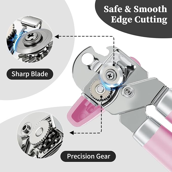 Can Opener Manual, Hand Heavy Duty Stainless Steel Bottle Opener Comfortable Handle, Sharp Blade Smooth Edge, Multifunctional Kitchen Tool, Pink
