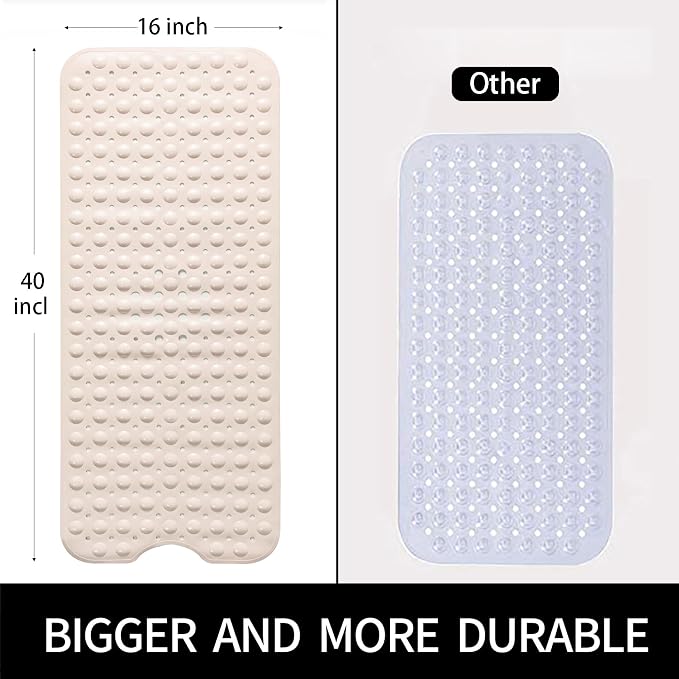 Bathtub and Shower Mats, Extra Long Non-Slip Bath Mat 39 x 16 Inch, Machine Washable Bath Tub Mat with Suction Cups & Drain Holes for Bathroom, Beige