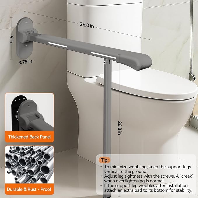 SPECILITE Heavy Duty Toilet Grab Bar - 440lb Sturdy Support, Safety Rails with Non-Slip Waterproof handrail & Night Glow Strips, Space Saving Flip-Up Design for Elderly, Disabled, Pregnant(Grey)