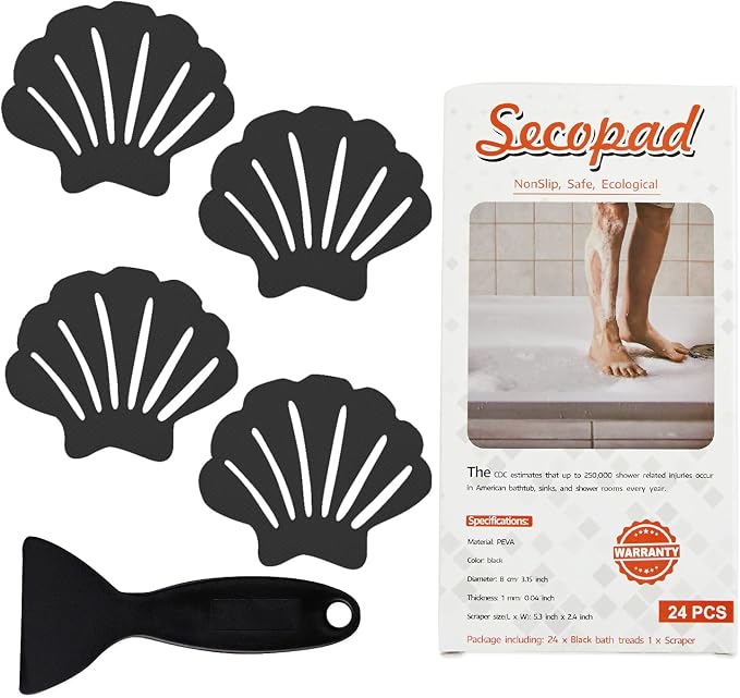 Secopad Non-Slip Bathtub Stickers, 24 PCS Shell Safety Bathroom Tubs Showers Treads Adhesive Decals Scraper (Black)
