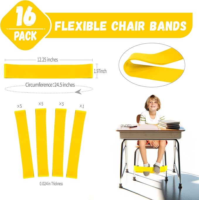 16 Pack Chair Bands for Kids with Fidgety Feet, ADHD Tools for Kids, Improve Focus & Reduce Restlessness, Chair Bands for Sensory ADHD ADD Autism - Classroom & Home Must Haves (Yellow)