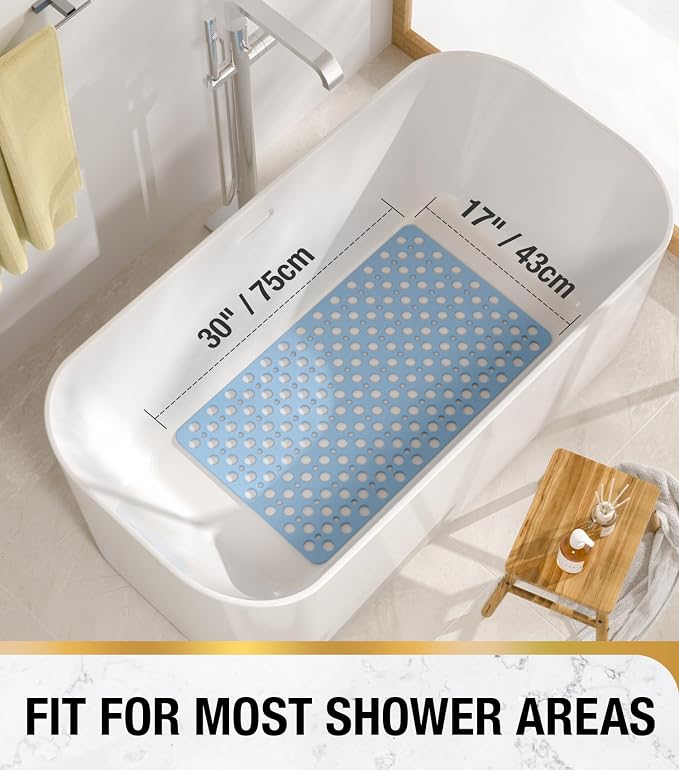 HITSLAM Bathtub Mat Non Slip, 30 x 17 Inch TPE Bath Mat for Tub, Efficient Drainage Bathroom Shower Mat with Suction Cups, Bath Tub Mat, Soft on Feet and Easy to Clean, Blue