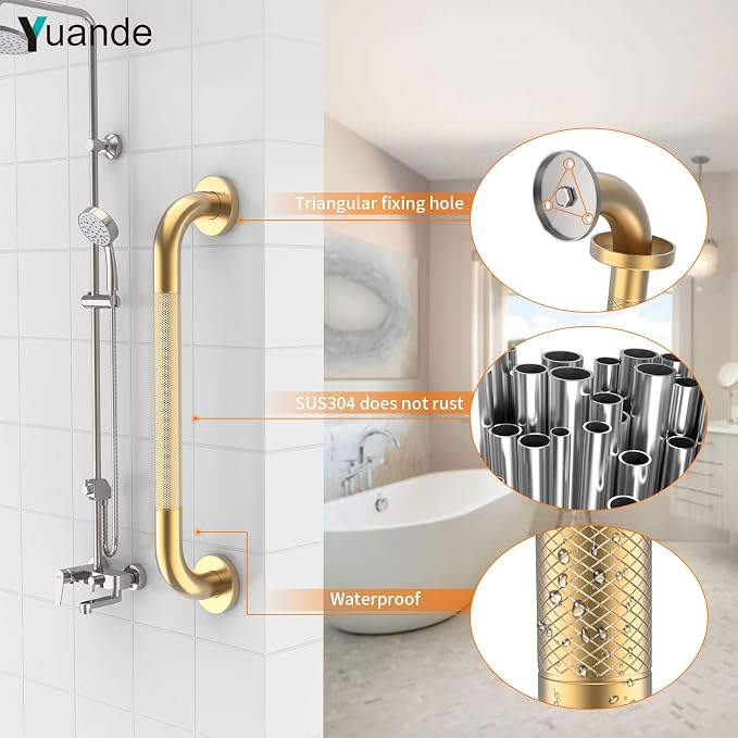 20 Inch 1 Pack Brushed Gold Shower Grab Bar with Anti-Slip Knurled Grip,YuanDe Stainless Steel Bathroom Grab Bars