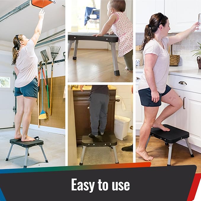 9" Folding Step Stool, Non-Slip 16x12 Large Platform, No Assembly | Sturdy Steel Frame, Portable Compact for Kids Adults Seniors at Indoor Outdoor, Durable & Safe, Kitchen Bedroom RV Office