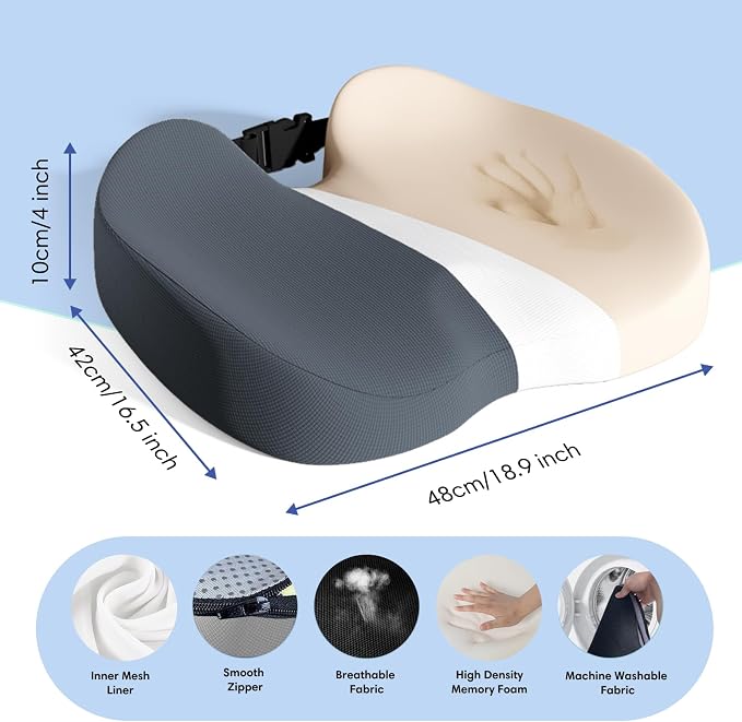 Large Memory Foam Seat Cushion for Office Chair, Car, Truck & Wheelchair - Sciatica Ease, Coccyx & Tailbone Pain Relief Cushion for Long Sitting & Driving