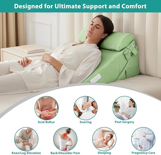 Bedluxe 3Pcs Orthopedic Bed Wedge Pillow Set, Foam Wedge Pillow Post Surgery for Back, Leg and Knee Support, Adjustable 9&12 Inch Folding Triangle Pillow for Sleeping, Acid Reflux, Snoring, Green