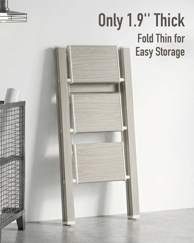 Mayi Plus 3 Step Ladder,Aluminum Folding Step Stool for Adults,Step Ladder with Wide Anti-Slip Pedal,330 lbs Capacity for Home,Kitchen,Library,Office(Fir Woodgrain)