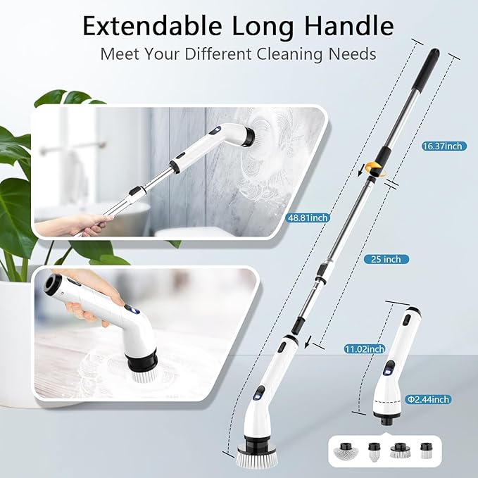 TUYU Electric Spin Scrubber, Full-Body IPX7 Waterproof Bathroom Scrubber with Power LCD Display, 8 Replacement Head, Adjustable Extension Handle, Cordless Shower Cleaner Brush for Bathtub Cleaning