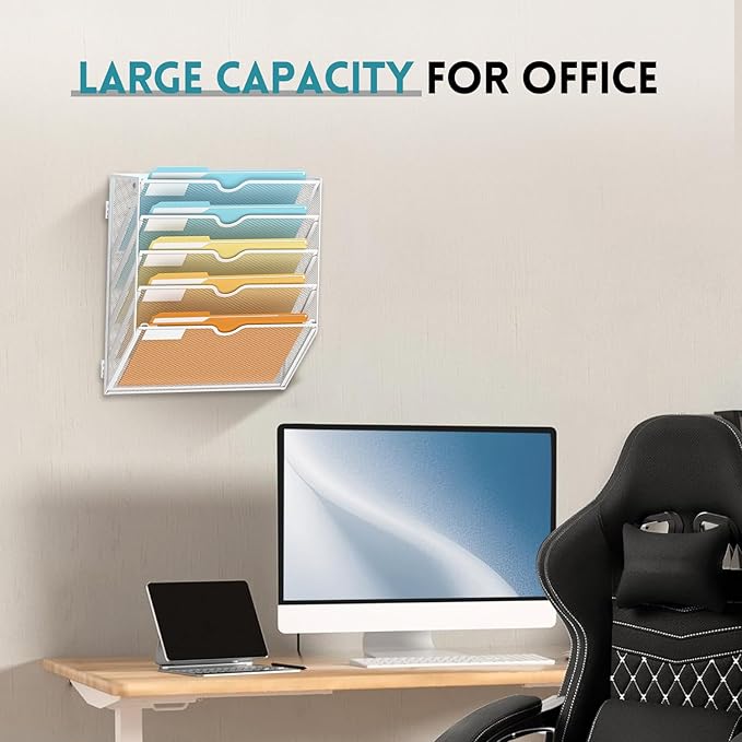SUPEASY 5 Tier Wall File Organizer, Hanging Wall Mounted Mail Organizer with Label Slots, Metal Mesh File Holder Magazine Rack for Office, Home, School or Classroom, White