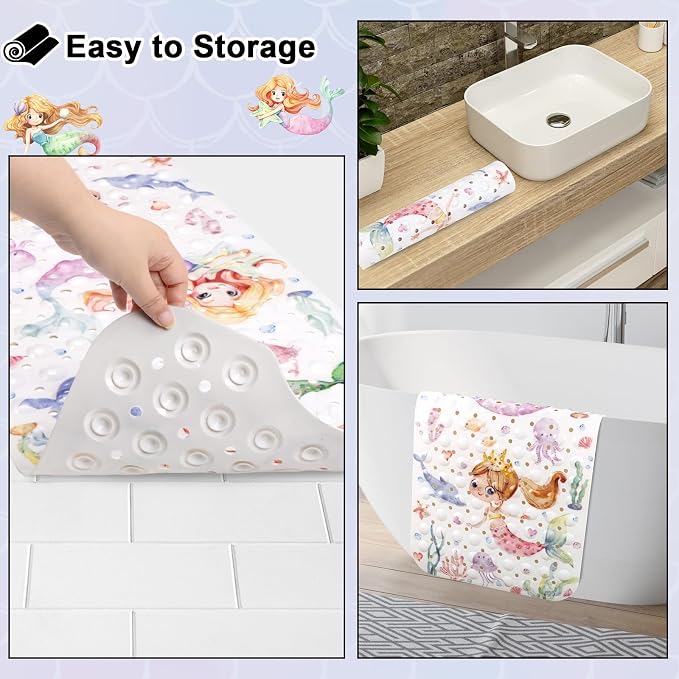 Topotdor Baby Bath Mat, Cartoon Bath Mat for Tub Non Slip Kids, 40x16 Inch Extra Long Toddler Bathtub Mat with Drain Holes & Suction Cups, Machine Washable Anti-Slip Shower Mat, Mermaid