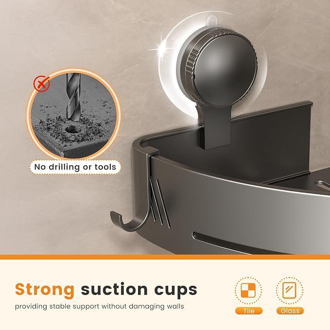 Corner Shower Caddy 2-Pack, Suction Cup Shower Organizer with Hooks, No Drilling Rustproof Aluminum Floating Wall Shelf, Gun Grey, Triangular (Triangular)