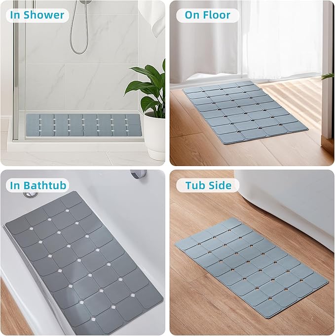 Yanzifly Non-Slip Silicone Bathtub Mat – Foldable, Machine Washable, Durable & Eco-Friendly Bath & Shower Mat with Strong Suction Cups, Large Drain Holes, Ideal for Family Use, 14.9 x 27.5in, Grey