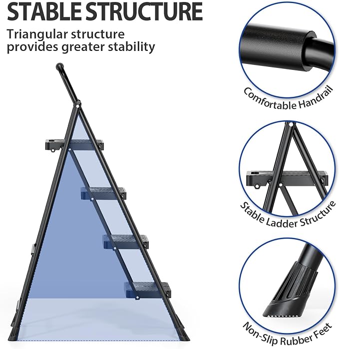KINGRACK Folding 4 Step Ladder, Portable Ladder for Multi-Purpose, Home, Kitchen, Heavy Sturdy Steel Step Stool with Anti-Slip Wide Pedals, Handrail, Safe-Lock Design, Pass 500lbs Load Testing, Black