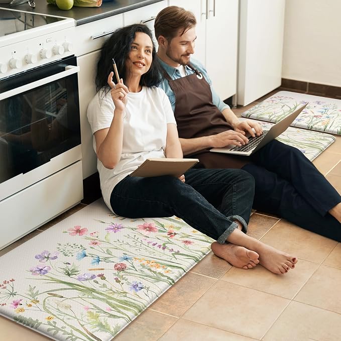 KIMODE Anti Fatigue Kitchen Mats for Floor, Farmhouse Floral Kitchen Rugs Set of 2, 17"x59"+17"x29" Kitchen Floor Mats Non-Slip, Cushioned Standing Mat for Sink, Laundry, Desk, Home White