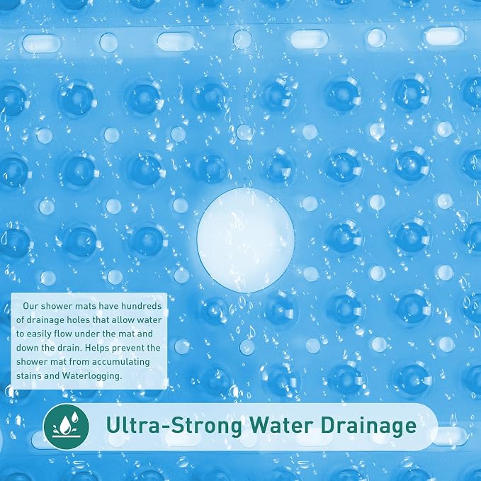 Large Square Shower Mat 27 x 27 Inch Clear Blue, Non Slip Shower Bathtub Mats for Inside Shower with Big Suction Cups Drain Holes, Anti Slip Bathroom Floor Stall Mats, Easy Clean, BPA-Free