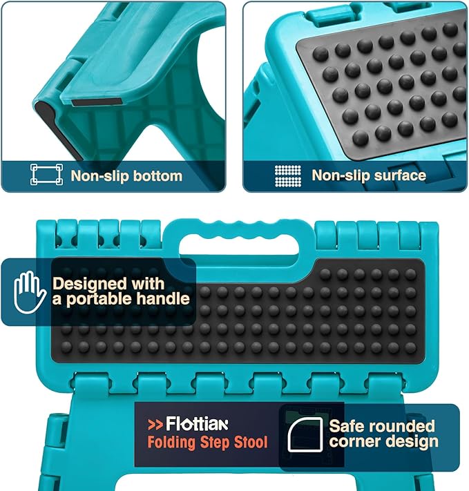 Flottian 11" Folding Step Stool for Adults and Kids Holds Up to 300 lbs,Non-Slip Folding Stools with Portable Handle, Compact Plastic Foldable Step Stool for Bathroom,Bedroom, Kitchen Ocean Blue,1PC