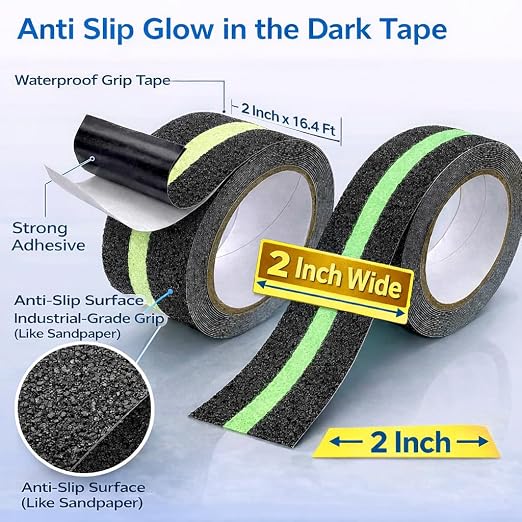 Anti Slip Tape with Glow in Dark, 2 inch x16.4ft Anti Slip Grip Tape for Stairs, Floors, Decks, Bathrooms & Outdoors, Waterproof PVC Non Skid Safety Tape with Glow at Night
