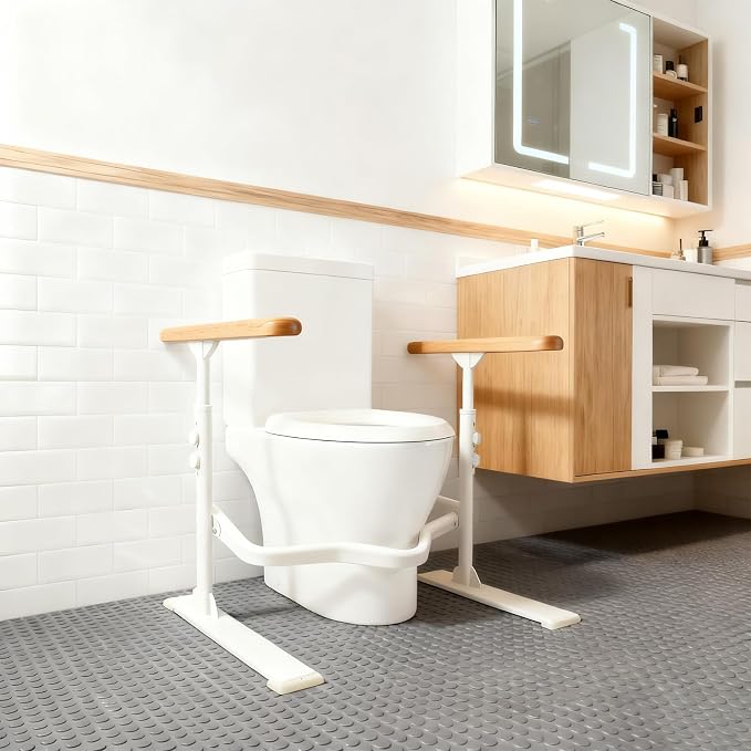 Toilet Safety Rails for Seniors - Toilet Safety Frame with Nighttime Reflective Armrests & Base, 3-Speed Height Adjustment, Toilet Support Frame Fits Most Toilets (Wood Color)