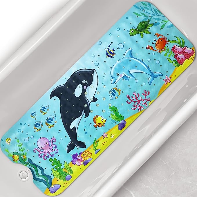 Baby Bath Tub Mat, 40 x 16 Inch Extra Large Non Slip Kids Cartoon Bathtub Shower Mats with Suction Cups & Drain Holes, Machine Washable for Bathroom, Undersea Whale & Dolphin