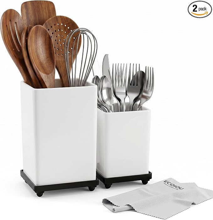 ECOIOU Tiered Counter Utensil Holder Set with 6.5" & 4.7" Removable Drainage Bins, Dual Kitchen Utensil Crock for Cooking Dining Utensils & Spatulas, White
