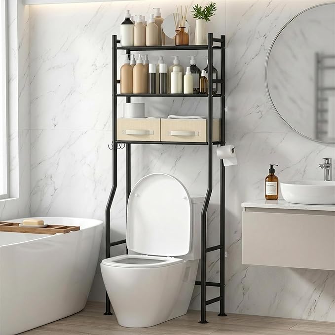 GloTika 3-Tier Over Toilet Storage with 2 Basket & Anti-Tilt System - 150lb Total Capacity Metal Bathroom Shelves Including Paper Holder & 4 Hooks, Space Saving Above Commode Organizer (64" H, Black)