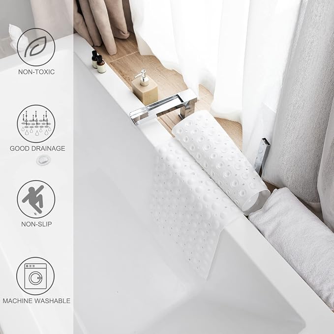 TEESHLY Bath Tub and Shower Mats, Non-Slip 39 x 16 Inch Extra Long Bathtub Mat, Machine Washable BathMat with Drain Holes, Suction Cups for Bathroom (Opaque White)
