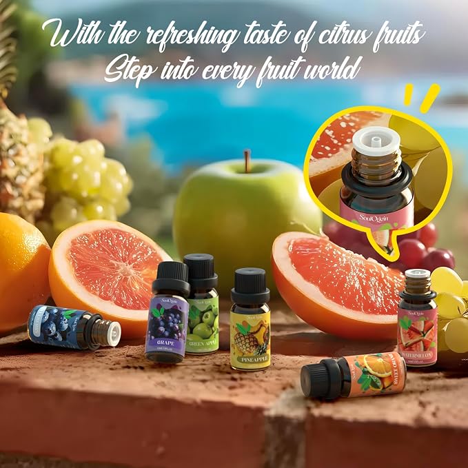 Soulorigin Fruit Essential Oils Set, Fragrance Oil Set for Diffuser, Scent Diffuser Oil for Candle Making- Pineapple, Sweet Orange, Grape, Green Apple, Blueberry, Watermelon