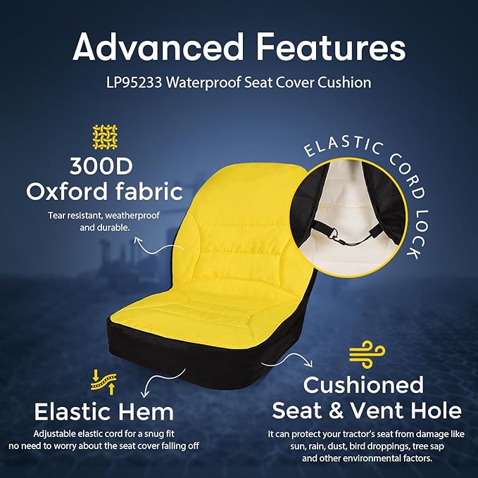 LP95233 Waterproof Seat Cover Cushioned with Oxford 300D Fabric for John Deere Compact Utility Tractor Seat Cover Back Up to 18" High Compatible with 3E/3RSeries, 4M Series,1023E Tractor