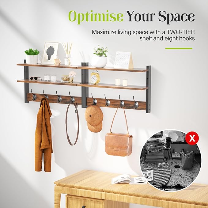 2 Tier Coat Rack Wall Mount with Shelf, 33" Wall Shelf with Hooks, Entryway Key Holder for Wall with 8 Heavy Duty Double Hooks, Coat Hook Wall Mounted for Bedroom, Living Room, Rustic Brown