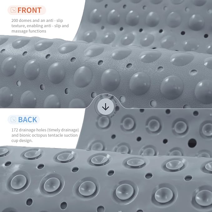 Anti-Slip Bathtub Shower mat, 40×16 inch（ 100 × 40cm） Soft Oversized Machine Washable Non-Slip Bathtub mat with Drainage Holes, Bathroom Floor Suction Cup.（1-Opaque Gray）