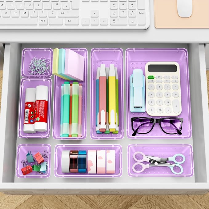 ElegantArray 12-Piece Drawer Organizer Set, 4 Sizes Versatile Plastic Vanity Organizer for Makeup, Stationery, Gadgets, in Kitchen, Bathroom, Office, and Bedroom, Purple