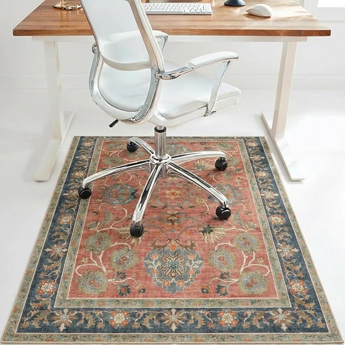48"x72" Office Chair Mat for Hardwood Tile Floor, Under Desk Carpet Protector for Rolling Computer Chair Mat, Machine Washable Area Rug, Anti-Slip 1/5" Thick Low Pile Thin Vinyl Floor Mat, Antique Red