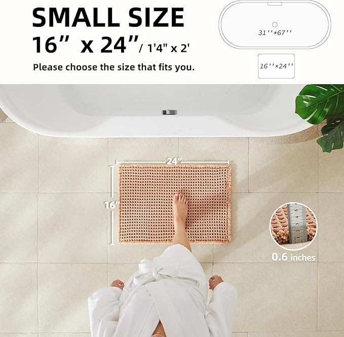 TYUU Waffle Bath Mat, Boho Bathroom Rugs Non Slip Washable Super Absorbent Quick Dry Bath Mat Farmhouse Bathroom Decor, 24"x16" Light Peach