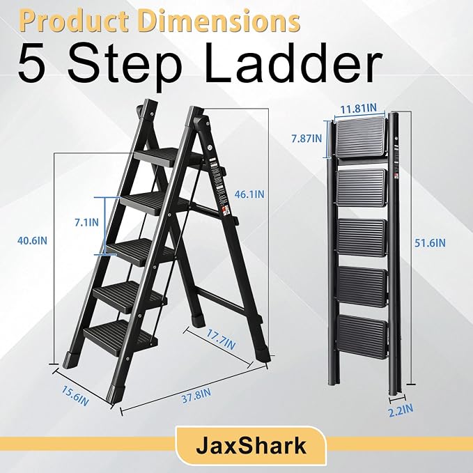 5 Step Ladder Folding Step Stool with 500LBS Capacity Sturdy Carbon Steel Frame Anti-Slip Thick Pedal & Feet Portable for Home Kitchen Garage (black-5step)