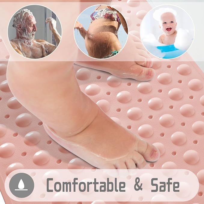 Yimobra Non Slip Bathtub Mat 40 x 16 Inch, Extra Long Shower Mat with Drain Holes, Machine Washable Baby Bath Mats, Strong Suction Cups for Bathroom Floor, Pink