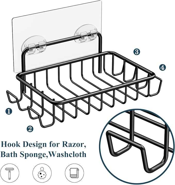 Nieifi Soap Dish,Bar Soap Holder for Shower Wall with 4 Hooks Stainless Steel Adhesive Soap Dish for Bathroom Shower Razor Holder (Black)