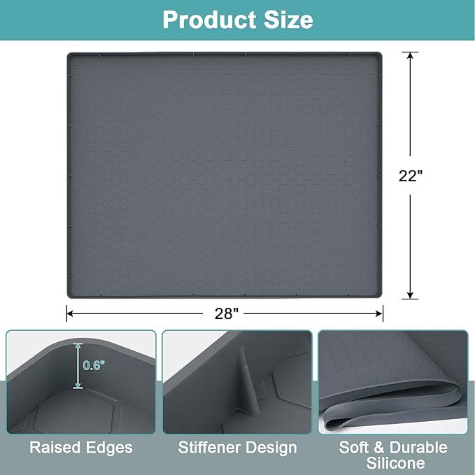 Under Sink Mat 28" x 22", Silicone Under Kitchen Sink Mat, Waterproof Under Sink Protector Mat, Shelf Liners Cabinet Liner for Kitchen and Bathroom, Gray