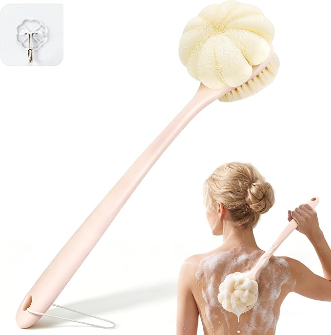Back Scrubber for Shower, 15.7" Loofah with Handle, Back Shower Brush with Bristles and Loofah, Dry Brushing Body Brush for Cleanse Back and Hard to Reach Areas with Curved Long Handle, Pink