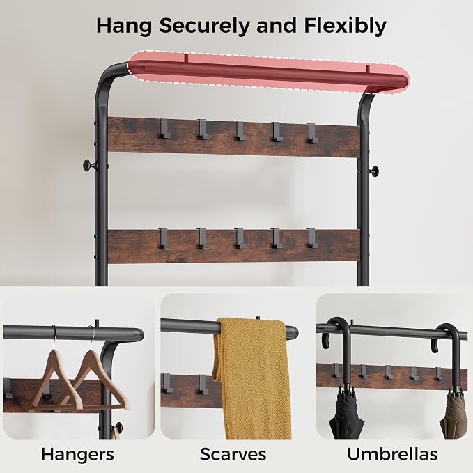 Hall Tree with Bench and Shoe Storage, 4-in-1 Entryway Organizer with 10 Hooks and Storage Shelf,Coat Rack Freestanding with 2-Tier Storage Shelf for Living Room, Bedroom Rustic