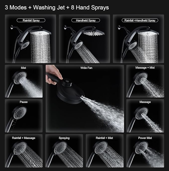 BOZYBO Rain Shower Head with Handheld: High Pressure Shower Heads with Handheld Spray Combo, 12" Rainfall Shower Head and 9 Sprays Hand Showerheads with Magnetic Docking and Power Jets, Black