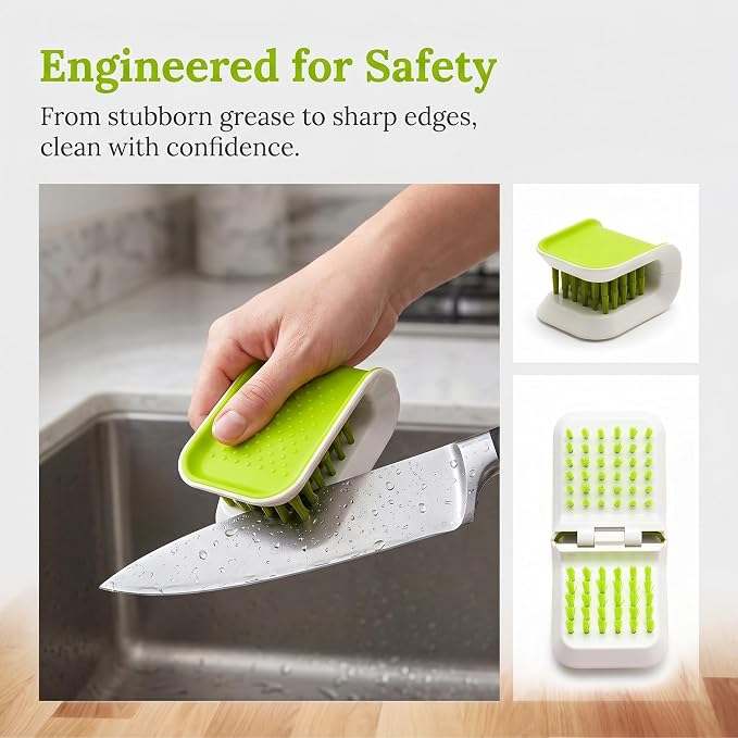Knife Cleaning Brush, Blade and Cutlery Cleaner Brush with Bristle Scrubber, Non-Slip Handle Kitchen Cleaning Brush for Knives, Utensils, Dishes and Kitchen Tools (Green)
