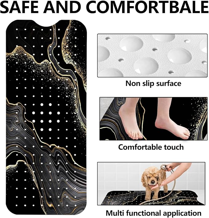 LNOND Marble Bath Tub Mat Non Slip, Extra Long 40 X 16 Inch Anti Slip Mat for Bathtub, Black Gold Marble Shower Mat with Drain Holes and Suction Cups, Machine Washable