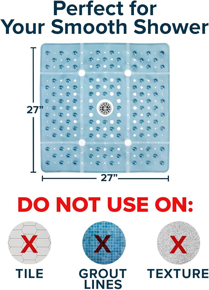 SlipX Solutions 27" Oversize Square Shower Mat, Non-Slip Mat for Elderly & Kids, 100+ Power Grip Suction Cups for Smooth Surfaces, Machine Washable, Dusty Blue