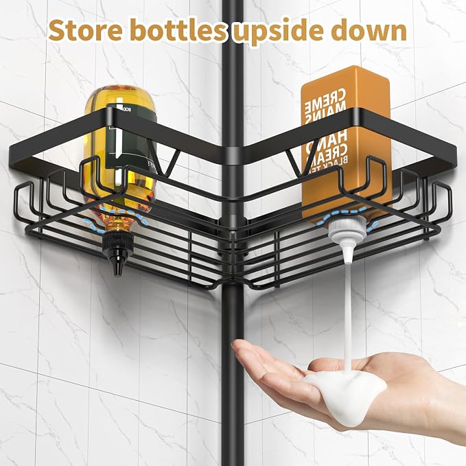 DAOYA Shower Caddy Tension Pole, 4 Adjustable Corner Shower Caddy with 2 Towel Bars & 2 Soap Holders, Expands 25 to 114.2 Inches, Black Stainless Steel for bathroom/Tub/Corner