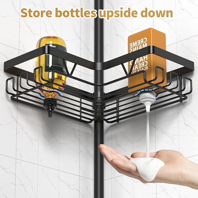 DAOYA Corner Shower Caddy + 2 Soap Holders, 4 Tier Shower Caddy Tension Pole Stainless Steel Black, Extends 25-114.2 Inches, for Bathroom Organizers and Storage, Renter-Friendly and Gift Idea
