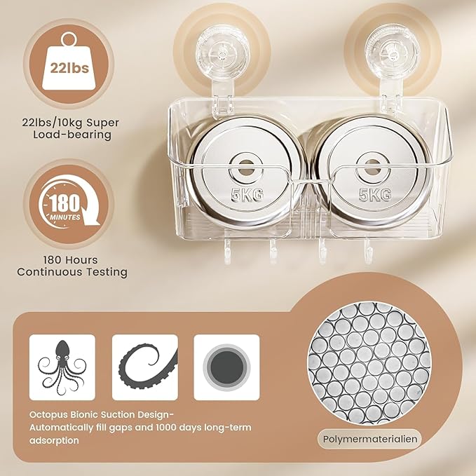 LUXEAR Suction Cup Shower Caddy Clear - Shower Caddy+Soap Dish+Suction Hooks - 1 Second Installation NO-Drilling Removable Powerful Waterproof Shower Organizer for inside Shower Bathroom