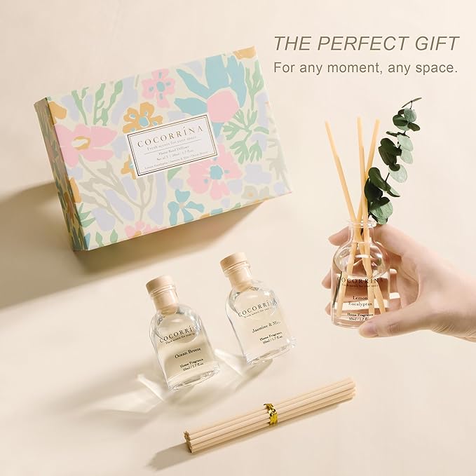 COCORRÍNA Eucalyptus Reed Diffuser Set of 3 - Lemon Eucalyptus, Jasmine & Mint, Ocean Breeze Scents, 1.7 fl oz Each, Total 5.1 oz, Scented Oil Diffusers for Home & Office